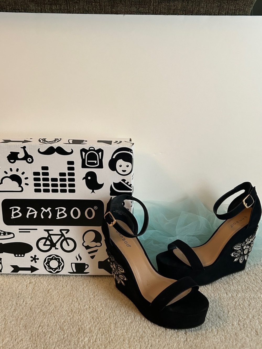 BAMBOO Embellished Ankle-Strap Wedge Sandals Black - Picture 12 of 12